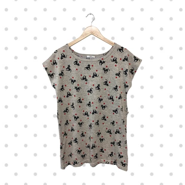 vintage cat pattern top heather grey