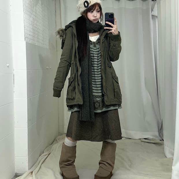 엑시즈팜 카키브라운 하구미 모리걸 겨울야상 코디세트