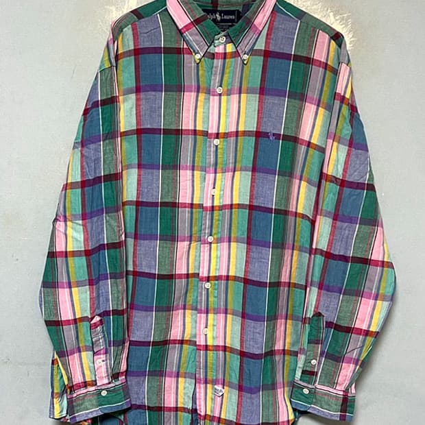 폴로 90s 자이언트 마드라스 체크셔츠 춘하 핸드우븐 XL 105 