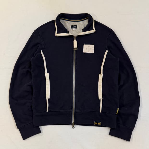 아르마니 진스 절개 디테일 코튼 집업 져지 네이비