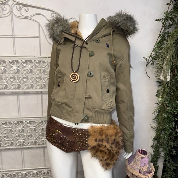 Abercrombie khaki faux fur bomber jacket