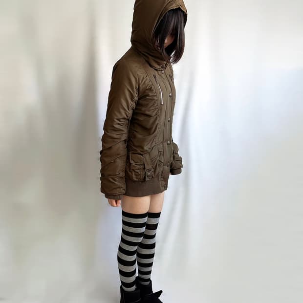Khaki shrring banded padded field coat