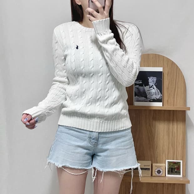 [정품] 폴로 화이트 / 네이비포니 꽈배기 라운드 니트 [ M ]
