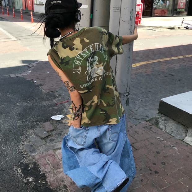 히스테릭글래머 히스걸 카모 패턴 반팔 티셔츠 (레어) 