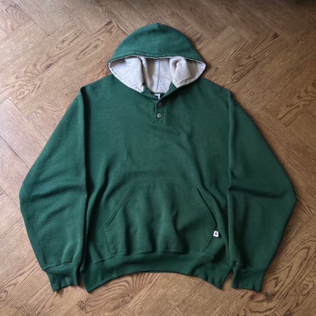 [XL]90's 러셀 Made in USA 빈티지 그린 버튼 후드 티셔츠