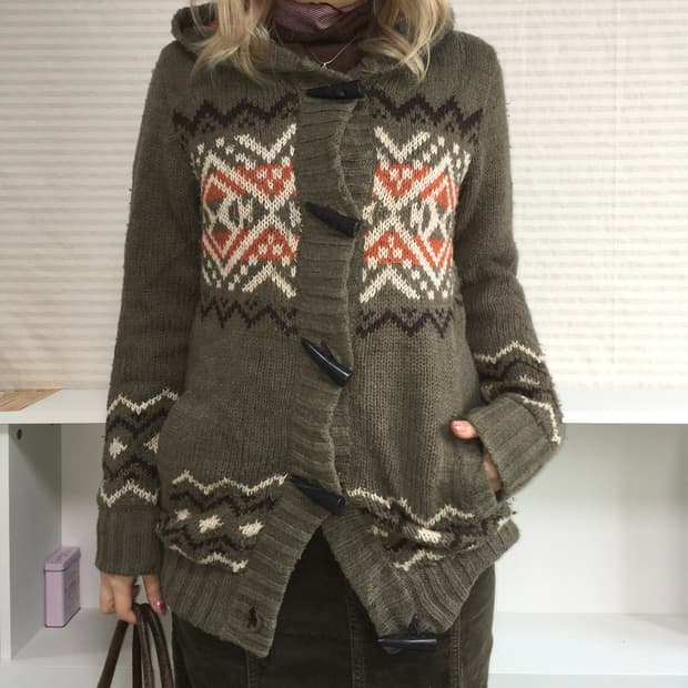 nordic khaki check hood heavy wool cardi