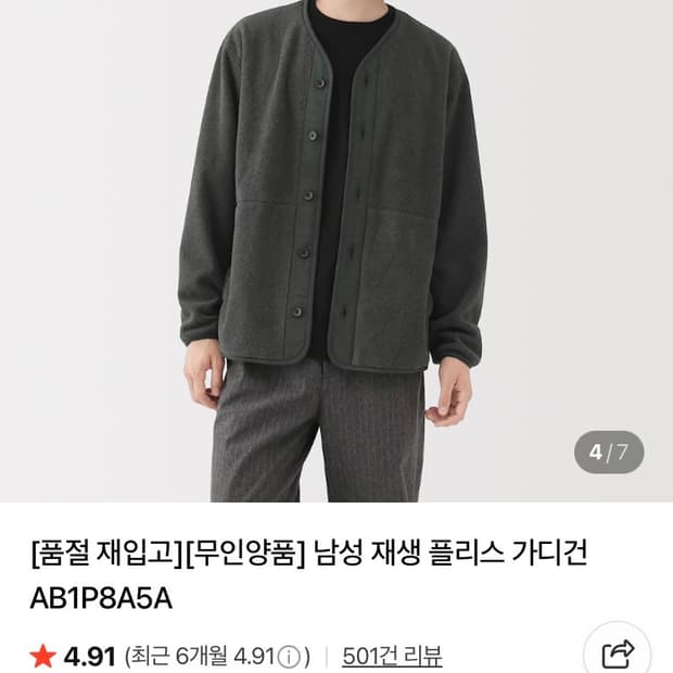 무인양품 재생 플리스 가디건 차콜 XL