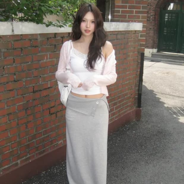 당일배송) 에이블리 유색 세유 버튼 폴딩 맥시 스커트 메란지