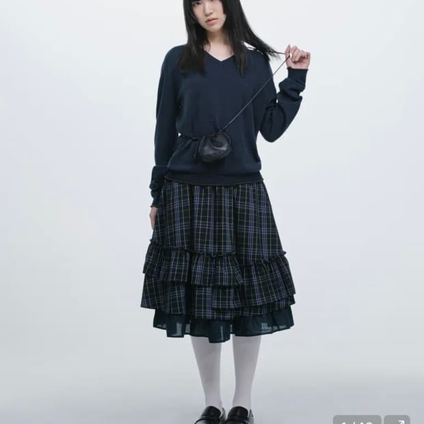 오헤시오 체크 프릴 미디 스커트