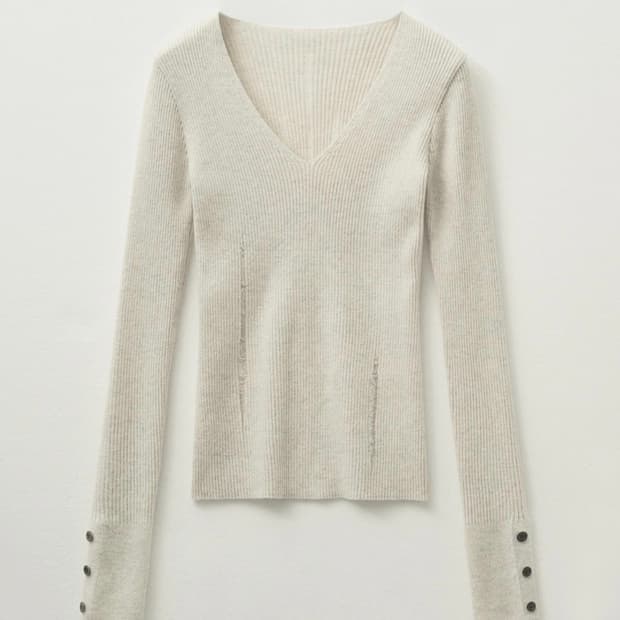 헬레네 파리스 - 데미지드 브이넥 리비드 니트(오트밀)