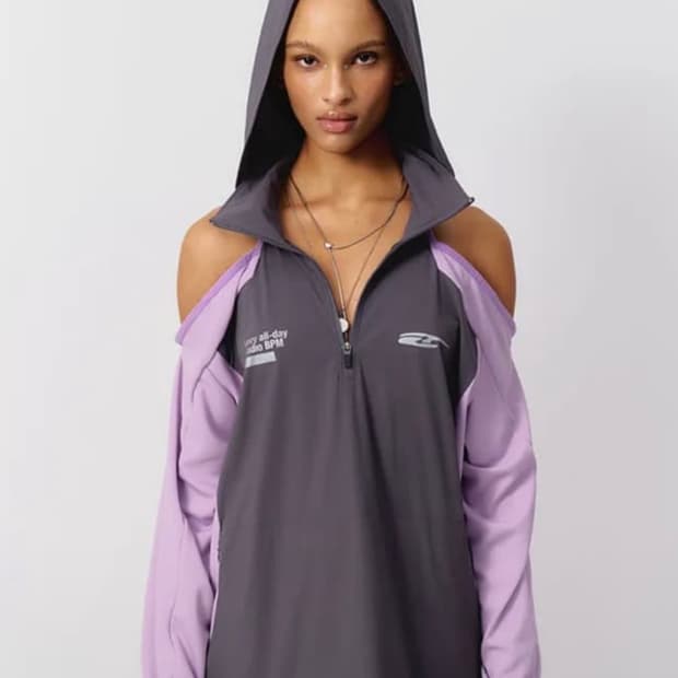 sporty open shoulder hooded gray purple