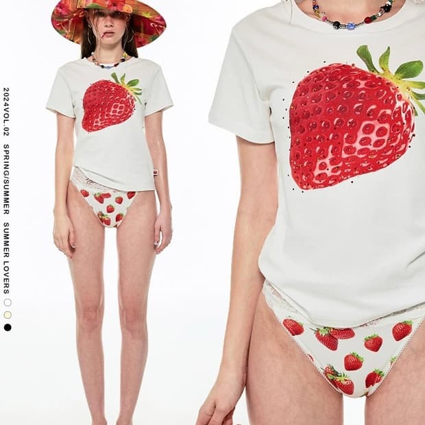 딸기 프린트 큐빅 반팔티