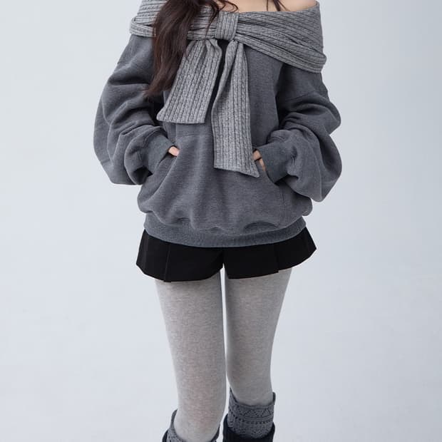 [새상품] 더티스 리본 오프숄더 후드티 차콜