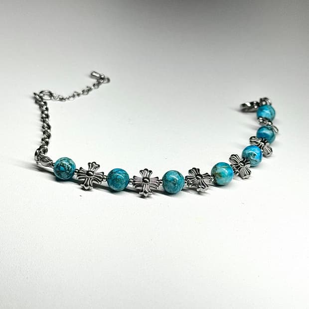 (핸드메이드) 천연석 터키석 써지컬 크롬십자가 원석팔찌