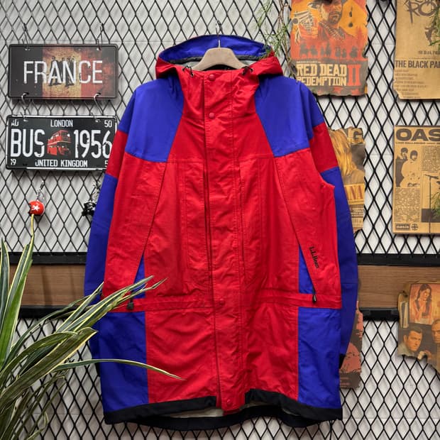 00s 엘엘빈 후드 아웃도어 롱파카 컬러블록 디테일 레드 블루 배색