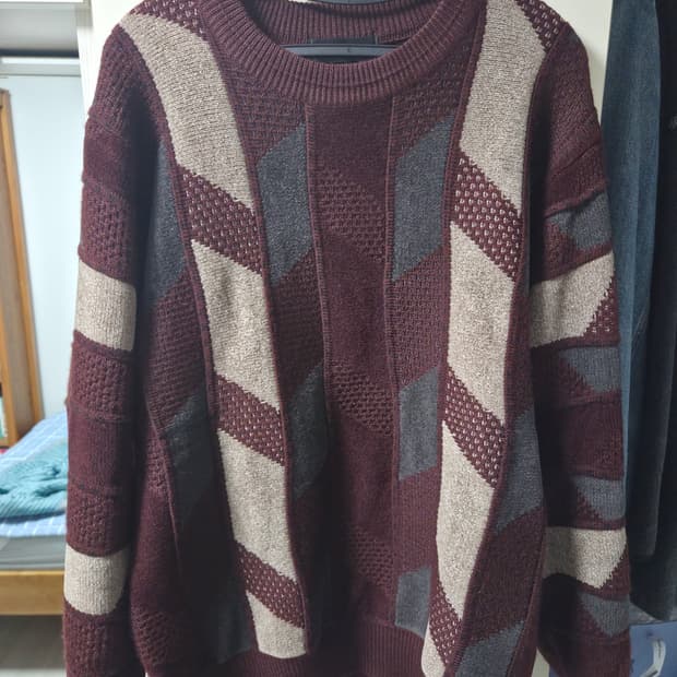 빈티지 패턴 라운드넥 울 니트 L