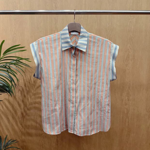 산드로 멀티 스트라이프 반팔 셔츠 블라우스 민트 코랄 배색