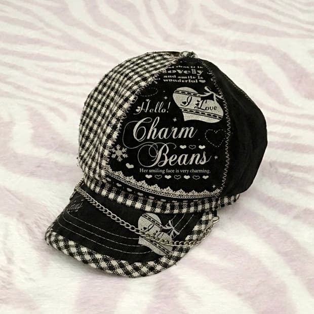 헤이세이 블랙 체크 실버 하트 체인 캡모자 볼캡 갸루 조지후쿠 핀터레스트