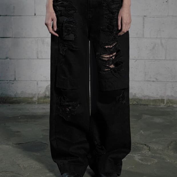 보헤미안서울 KNEE OPEN RIPPED WIDE JEANS, BLAC