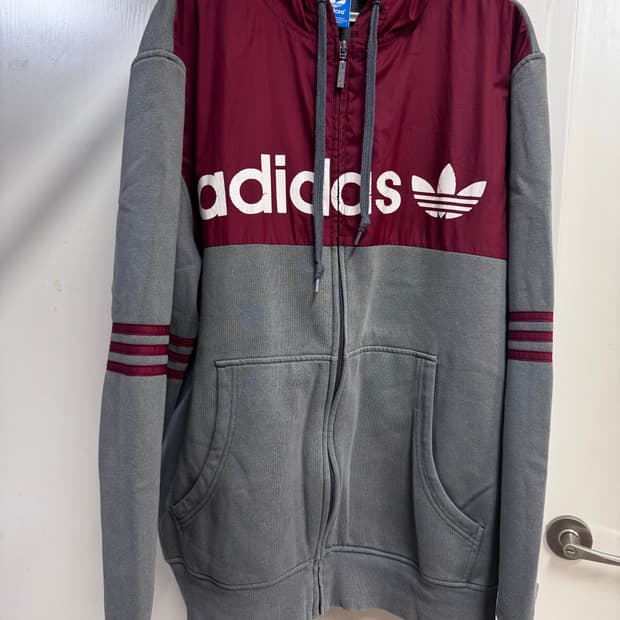아디다스 삼선 후드집업 버건디/회색