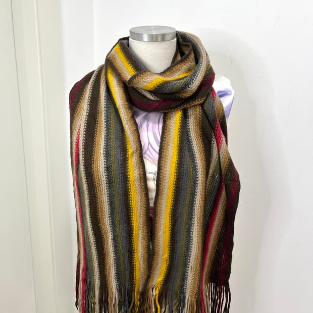 일본 빈티지 모리걸 무지개떡 테슬 뜨개 머플러 