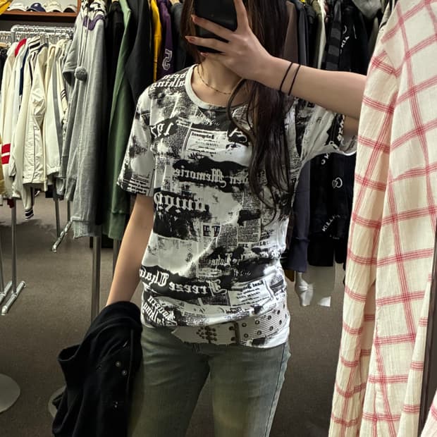 L)In The Attic 빈티지 여성 펑크 프린팅 반팔 티셔츠