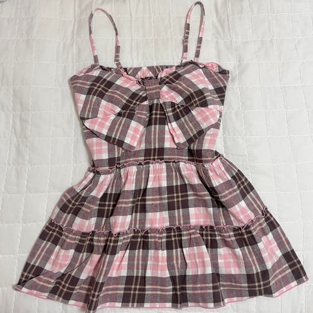 로걀 히메갸루 라떼갸루 딸기초코 체크 튜닉 핑크 브라운 빈티지 미니원피스