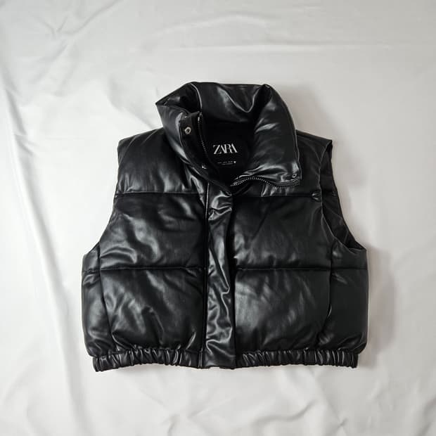 자라 레더 크롭 조끼패딩 푸퍼 스트링 M