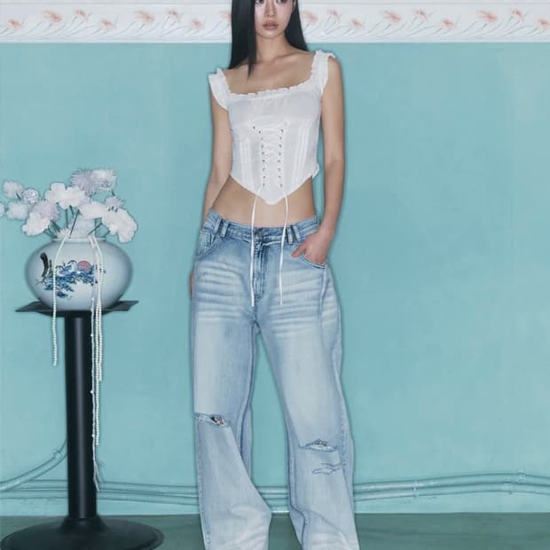 플리즈노팔로우 25Damaged Washing Wide Denim