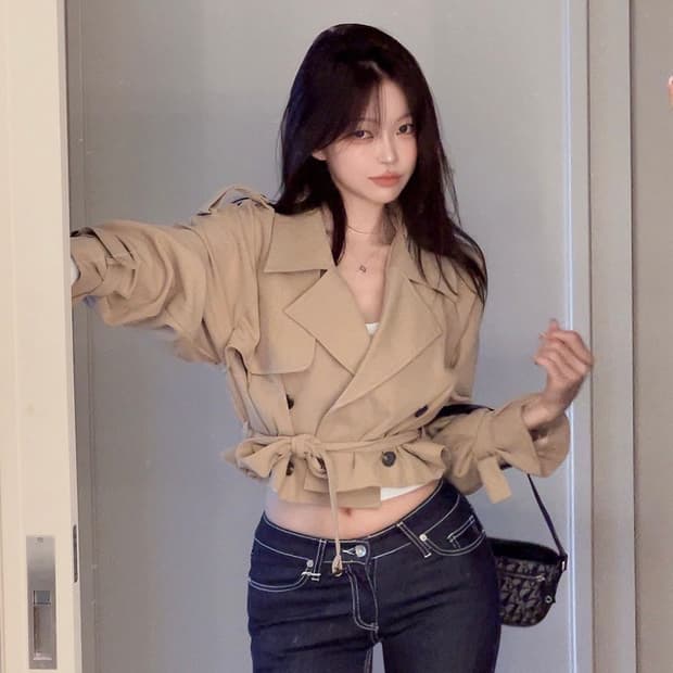 히프나틱 프리미엄 더블 숏 트렌치코트 베이지