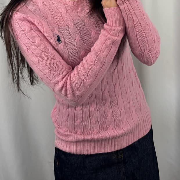 폴로 울 캐시미어 핑크 꽈배기 니트