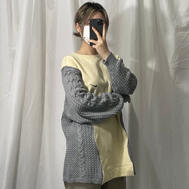 나이키 아이보리 그레이 니트 오버로크 맨투맨 XL