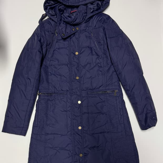 여성 타미힐피거 경량 후드 롱패딩 네이비
