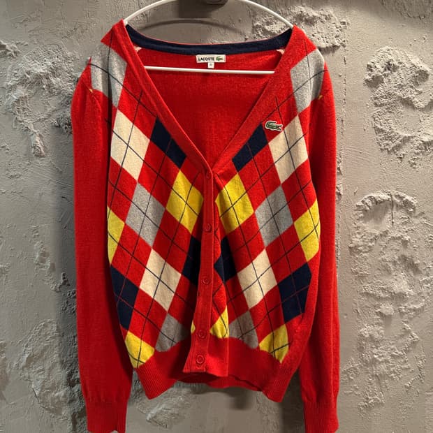 라코스테 아가일 패턴 울 가디건 레드 