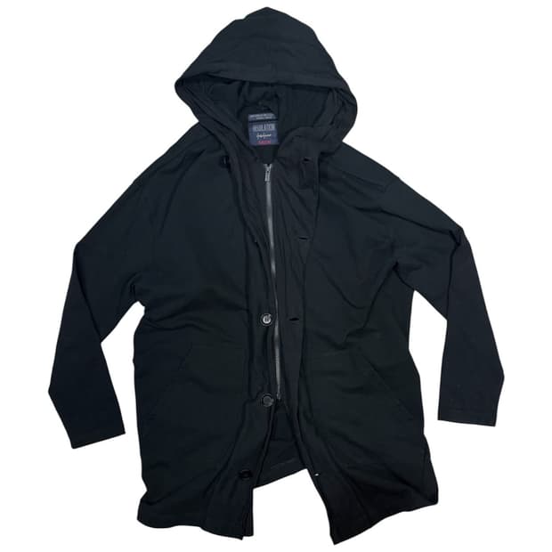 요지 야마모토 레귤레이션 단추 디테일 투웨이 롱 후드 집업 자켓