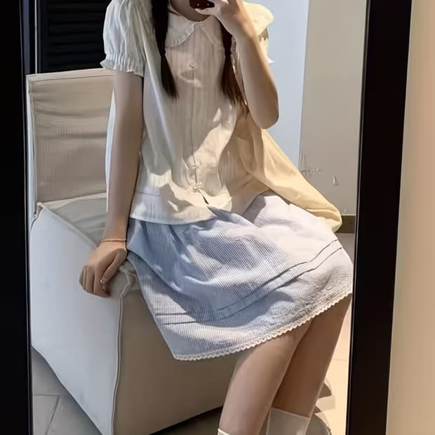 프레피 스타일 카라 러플 화이트 셔츠 퍼프 슬리브 루즈핏 스위트 반팔