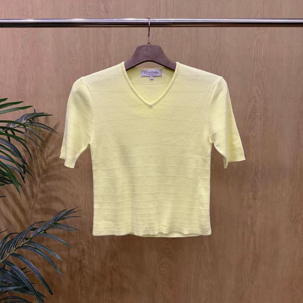 브룩스 브라더스 브이넥 반팔 니트 스트라이프 조직 디테일 옐로우