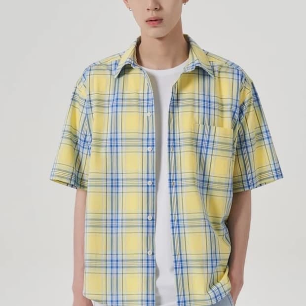 [남성M]에잇세컨즈 컬러 반팔 체크 셔츠 옐로우