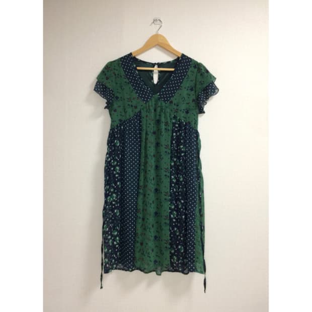 빈티지 그린 플라워 에스닉 패치 반팔 원피스