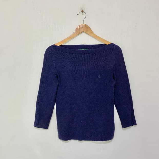 로렌랄프로렌 빈티지 네이비 7부 소매 세미 크롭 니트 폴로 여성 S