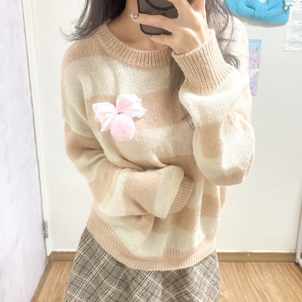 빈티지 스트라이프 핑크 라떼 니트 히메갸루 로걀 리즈리사깔 헤이세이