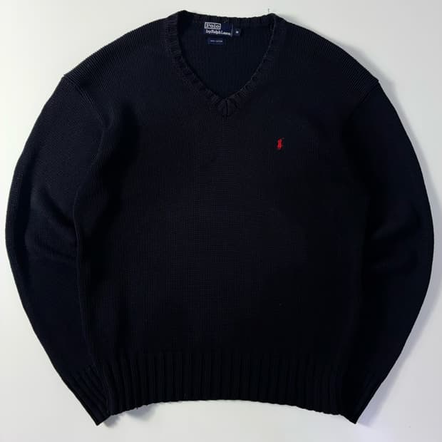 Polo  폴로 랄프로렌 자수 코튼 네이비 브이넥 니트 