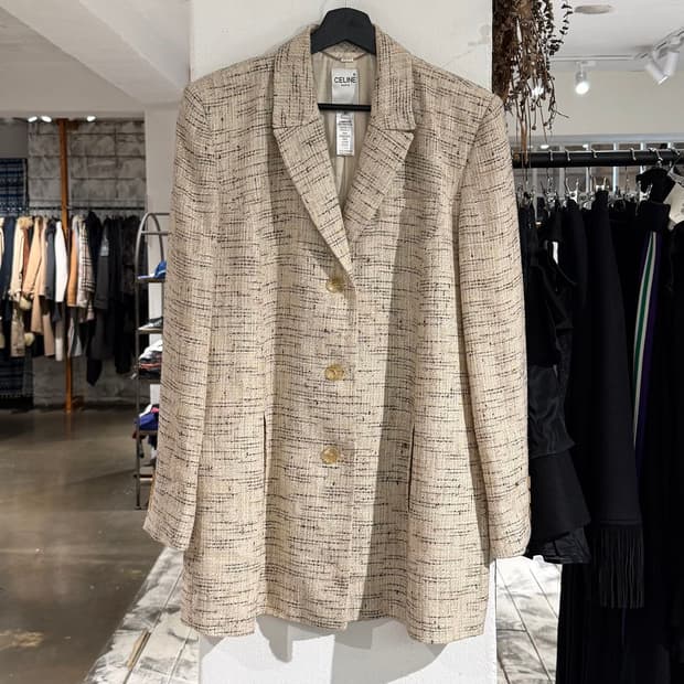 셀린느 베이지 트위드 레인 울 블렌드 블레이저 자켓