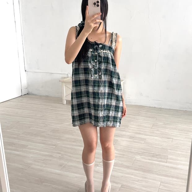 Crochet Detail Check Mini Dress+Scrunch