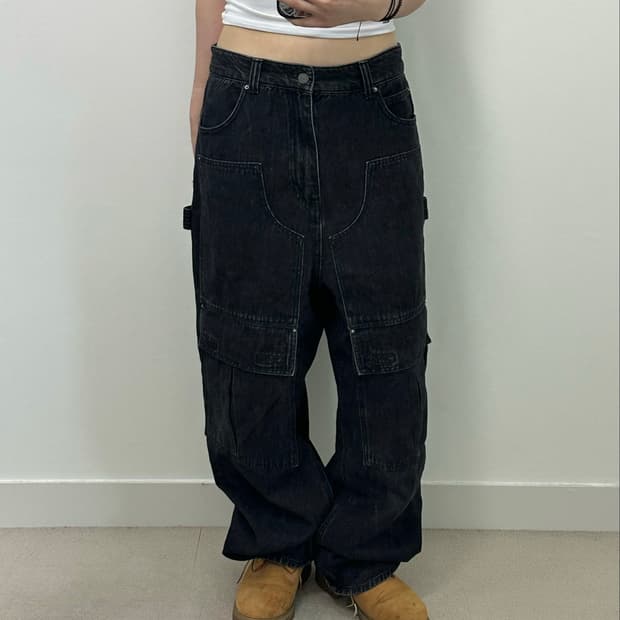 메종미네드 블랙 더블니 데님 카고 팬츠