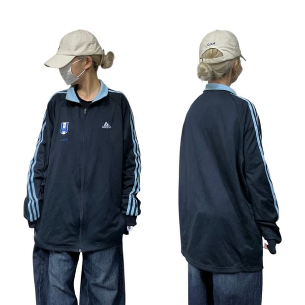 아디다스 네이비 스카이 블루 삼선 오버핏 올드스쿨 트랙탑 져지 2XL