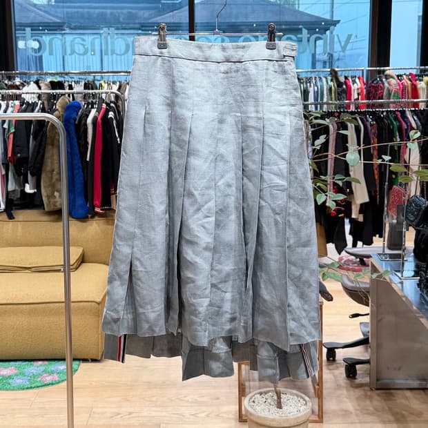 톰브라운 그레이 플리츠 린넨 미디스커트 