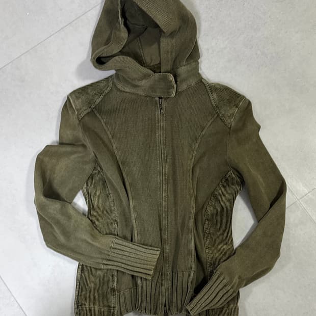 [~2.12]빈티지  그런지 워싱  버튼 투웨이 카키 후드집업