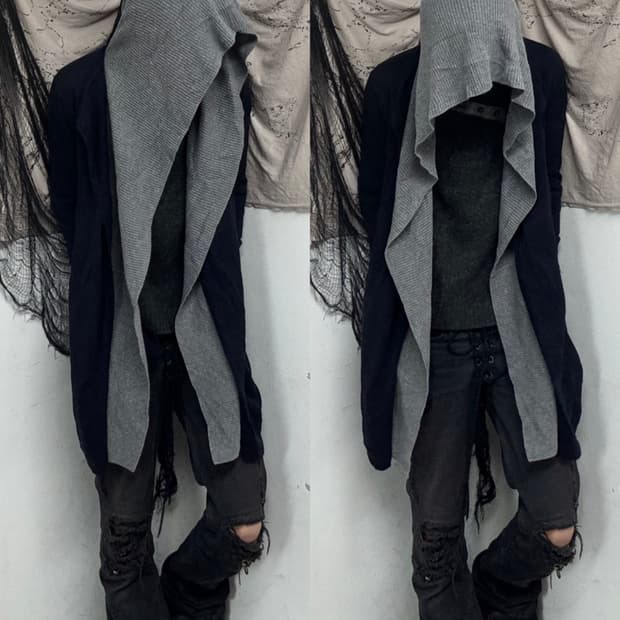 Grey Hoodie Cardigan Layered Navy Cardig