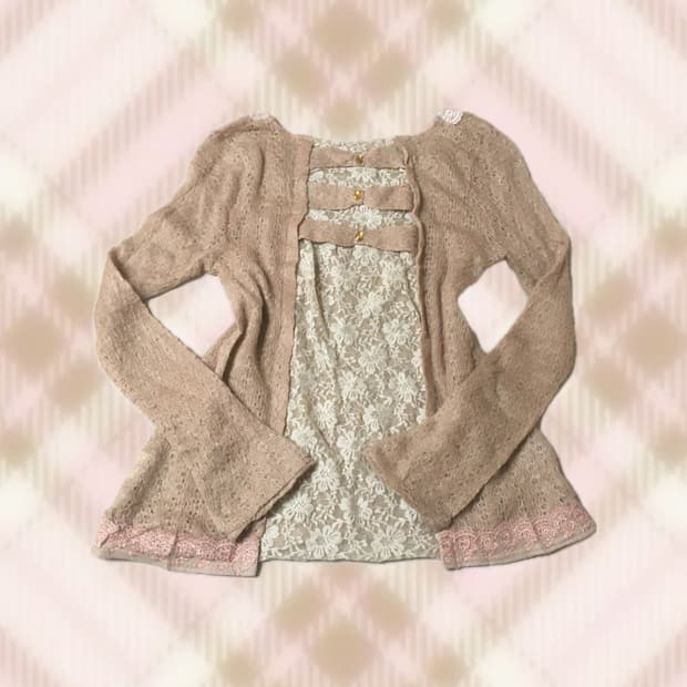 엑시즈팜 핑크 리본 레이스 레이어드 니트 라떼 히메 갸루 러블리 로걀